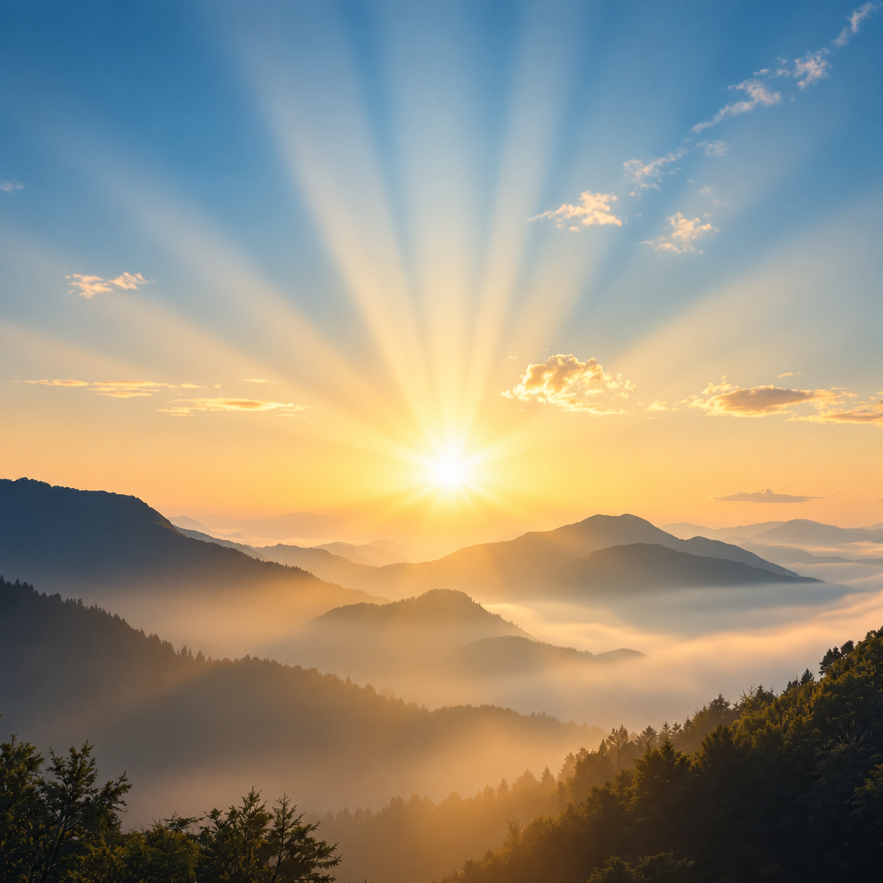Golden sunrise over quiet mountain ridges
